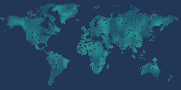 A digital world map constructed from glowing turquoise pixel squares
