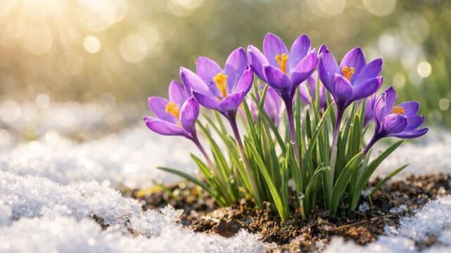 First purple crocus flowers buds opens slowly in melting snow under bright sunlight.
