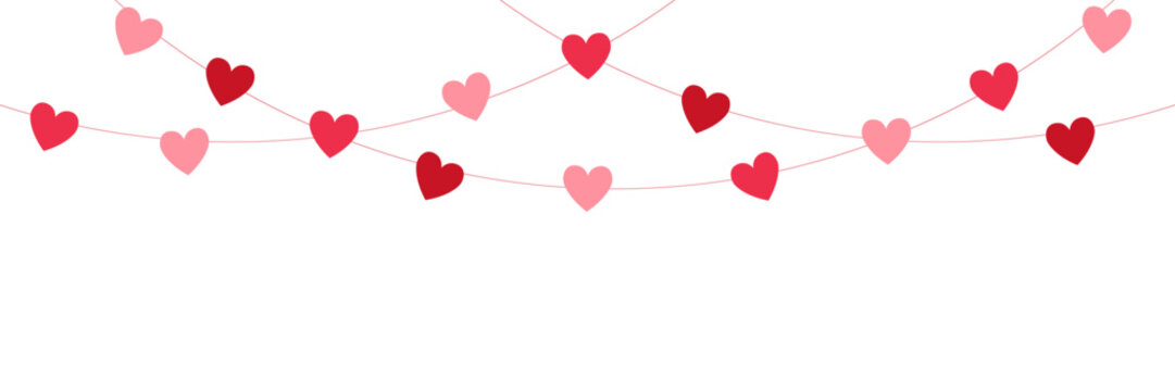 Paper pink heart string. Valentine day garland. Love background. Wedding banner. Happy Holiday decoration. Birthday party bg. Hanging confetti. 8 March card. Vector illustration