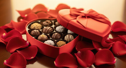 Open Heart Shaped Box of Chocolates with Red Rose Petals on Wood.