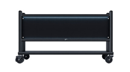 Mobile black metal barrier with wheels, industrial style, isolated on transparency background, used for crowd control or safety, sturdy and functional design, suitable for indoor or outdoor use