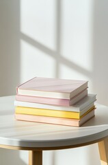 Minimalist Aesthetic Mockup Featuring a Stack of Pastel Books and Baby's Breath in Sunlight Shadows
