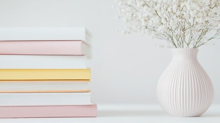 Minimalist Aesthetic Mockup Featuring a Stack of Pastel Books and Baby's Breath in Sunlight Shadows
