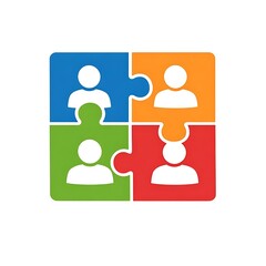 Teamwork and collaboration concept represented by four puzzle pieces forming a square with human figures inside each piece