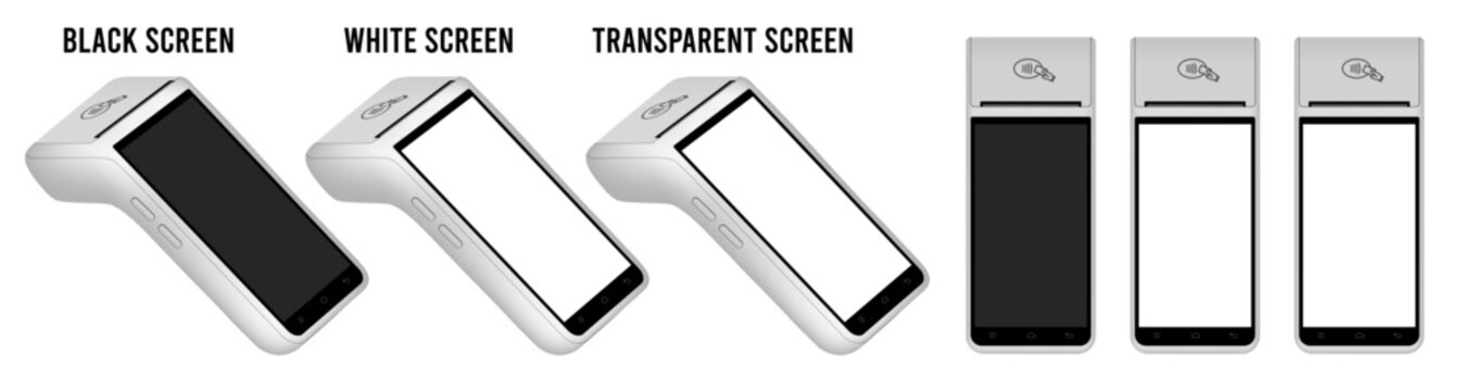 POS Terminal with black, white and transparent screen. Mockup of a white wireless terminals. NFC payment machine. Credit cards are accepted here. Payments device. Banking equipment