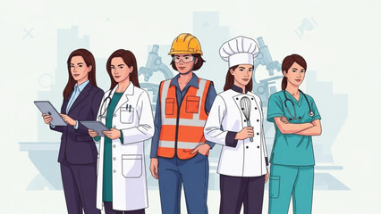 Diverse group of professional women in various careers including business medicine construction and culinary arts representing equality and empowerment