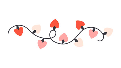 Cute hearts shaped garland lights. Festive colorful holiday decorations. Valentine's Day element. Flat vector illustration isolated on white background