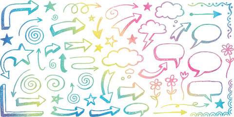 Obraz premium Colorful hand-drawn doodle set with arrows, stars, clouds, and speech bubbles for creative design