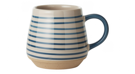 White and blue striped ceramic coffee mug isolated on a transparent background
