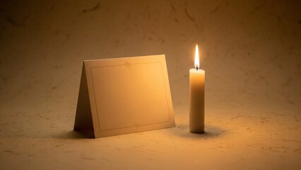 Warm beige notepad with a lit candle on a textured surface soft golden lighting peaceful ambiance serene atmosphere calm relaxation tranquility still life minimalistic cozy