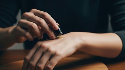 Obraz premium Person applies oil from small vial to wrist, close-up with wooden table