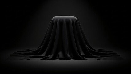 Mysterious object covered with black cloth in dark room with spotlight