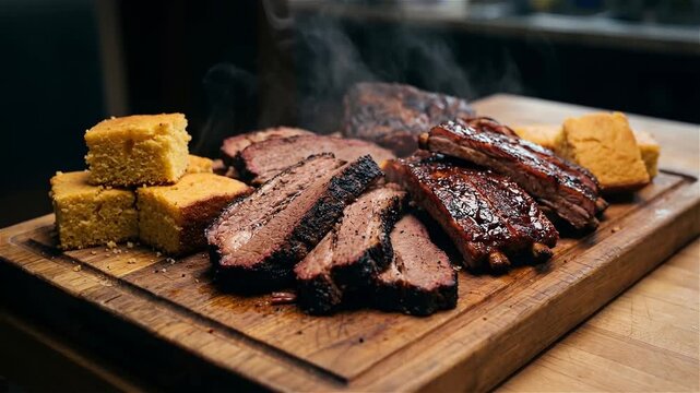 Steaming Hot Smoked BBQ Platter with Sliced Brisket, Glazed Pork Ribs and Cornbread on a Wooden Board