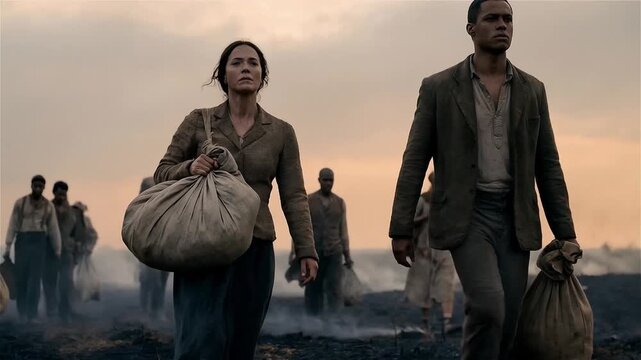 A diverse group of people in historical clothing walking across a scorched field at dusk, carrying heavy sacks during a difficult journey of migration and hardship.