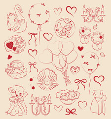 Valentine day red icons. Hand drawn love hearts. Vector illustration. Heart in red color, party icon for design. Love, romance hearts. Vector icons. Heart love symbol, bows. For gifts, Valentine's Day