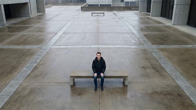 Lonely Young Man Sitting Alone on a Concrete Bench in an Empty Urban Plaza, Brutalist Architecture, High Angle View of Isolation, Melancholy, and Depression in Rainy Weather