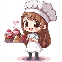 Adorable Cartoon Chibi Style of a Smiling Pastry Chef or Baker Holding a Tray of Freshly Baked Delicious Cupcakes on a White Isolated Background