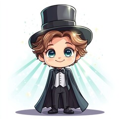 Adorable Chibi Style of a Performing Standing on a Stage Under Bright Spotlight Against a Plain White Background