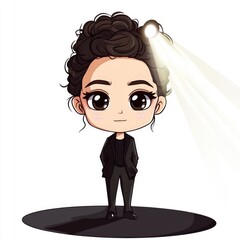 Whimsical of a Stylized Chibi Actor or Performer Standing Confidently Under a Bright Stage Spotlight on a Plain White Background