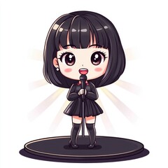 Adorable chibi style character of a performing entertainer standing in a stage spotlight on a plain white background  The character has a kawaii anime inspired design with large expressive eyes