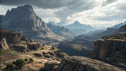 Obraz premium A dramatic mountain landscape with rugged peaks and valleys under a cloudy sky