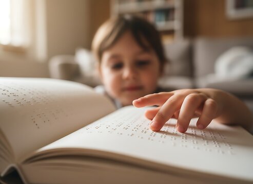 Child reading a braille book by touching raised dots on the page, representing inclusive education, accessibility, and learning for visually impaired children. Ideal for concepts of special education, - Powered by Adobe