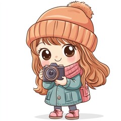 Cute and Adorable Chibi Character of a Female Photographer Holding a in a Kawaii Anime Inspired Style on a Solid White Background