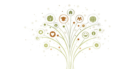 Abstract tree illustration with icons representing growth and interconnected ideas