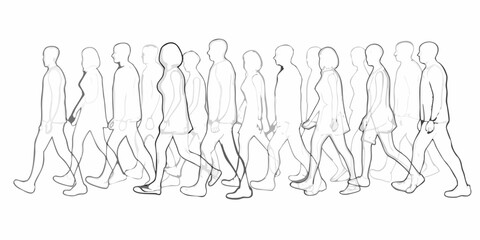 A collection of sketched figures depicting a walking crowd in linear style