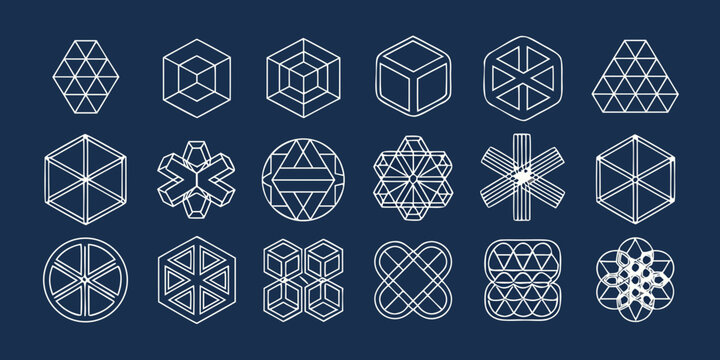 Geometric shapes and polyhedral designs in a linear modern style