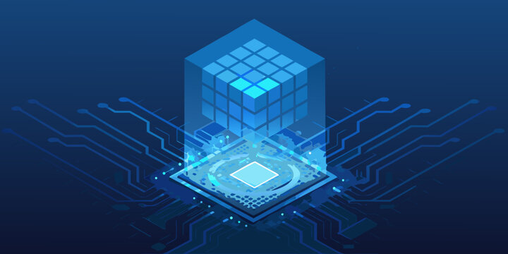 Isometric view of a digital cube with circuit board connections