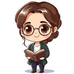 Adorable and Charming Chibi Style of a Young Female Librarian or Book Enthusiast Holding a Book and Wearing Stylish Reading Glasses  Isolated on a Clean White Background