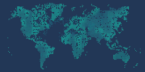 Pixelated world map illustration in shades of teal and dark blue background