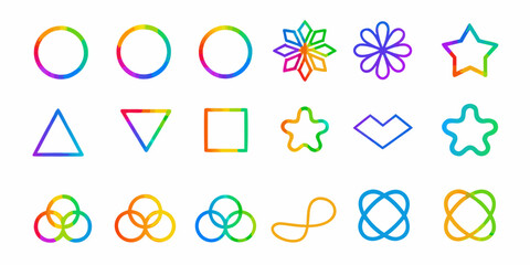 Colorful geometric shapes and patterns arranged in three distinct rows