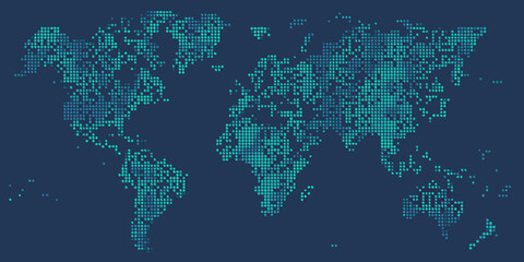 A pixelated world map illustration in shades of teal and dark blue