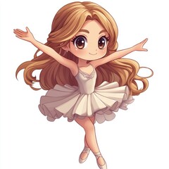Charming Chibi style Dancer Performing a Beautiful Ballet Pose with Graceful Movement and Expressive Joy in Kawaii Anime on Isolated White Background