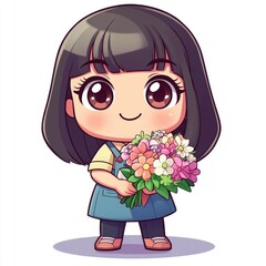 Cheerful and Adorable Chibi Style Character Holding a Beautiful Bouquet of Colorful Flowers and Botanicals on a Clean White in Kawaii Manga Anime Style
