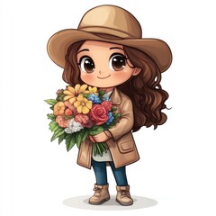 Adorable Chibi style of a Young Florist or Botanical Expert Holding a Colorful Flower Bouquet Isolated on White Background