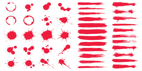 Collection of red ink splashes, grunge brush strokes, blood stains, and coffee rings on white background