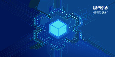 Tetrable security concept with glowing blue cube and circuit board design