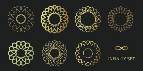 Golden geometric floral patterns and infinity symbol on a black background