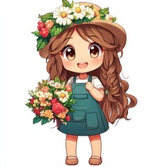 Adorable Chibi Style of a Happy Female Florist or Botanical Expert Holding a Vibrant Flower Bouquet on a Clean White Background