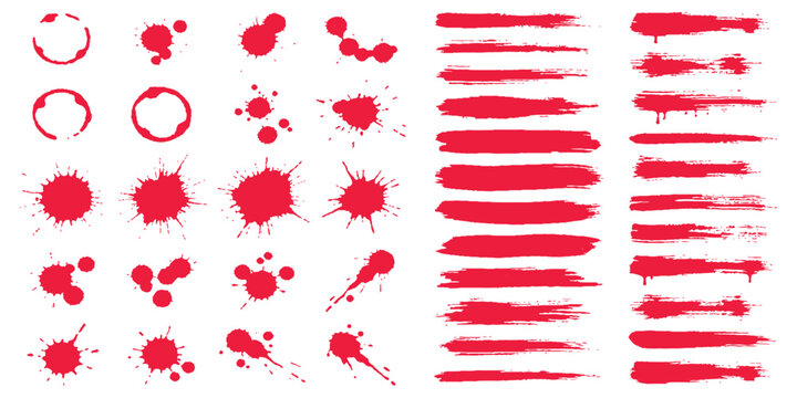 Collection of red ink splashes, grunge brush strokes, blood stains, and coffee rings on white background