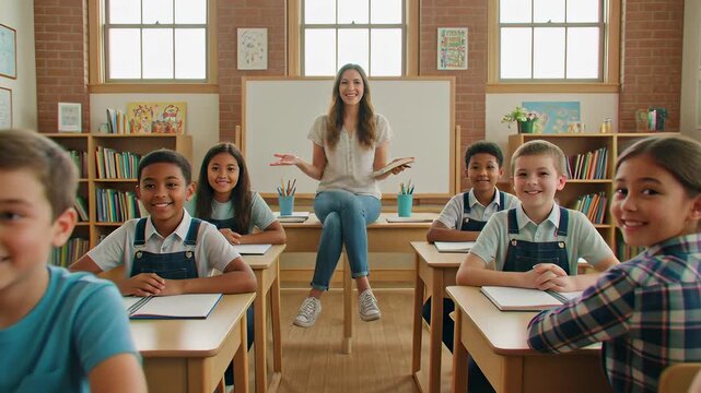 Diverse group of happy students and female teacher sitting in a bright sunlit classroom, looking at camera illustrating education concepts