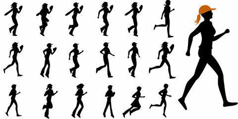 Silhouettes of running people in various poses demonstrating motion and activity