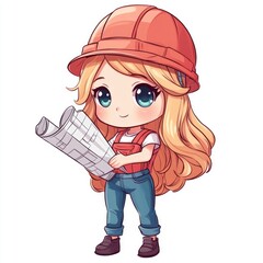 Adorable chibi style of a young female architect or building designer holding a blueprint or construction plan in her hands  set against a clean white background  The character has a cute