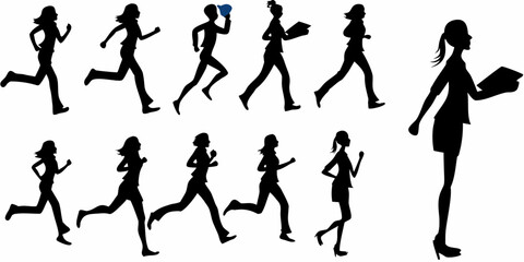 Silhouettes of people running and walking in various dynamic poses