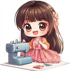 Cheerful and Vibrant of a Cute Chibi Style Fashion Designer or Tailor Character Happily Sewing with a Kawaii Sewing Machine on a White Isolated Background