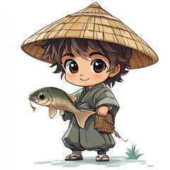 Cute Chibi style of a Fisherman Character Holding a Freshly Caught Fish Depicting a Traditional Occupation in a Kawaii Anime inspired Art Style Isolated on a White Background