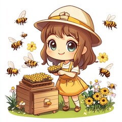 A cheerful and adorable chibi style of a young female beekeeper tending to her honey bee hive with a warm  friendly smile